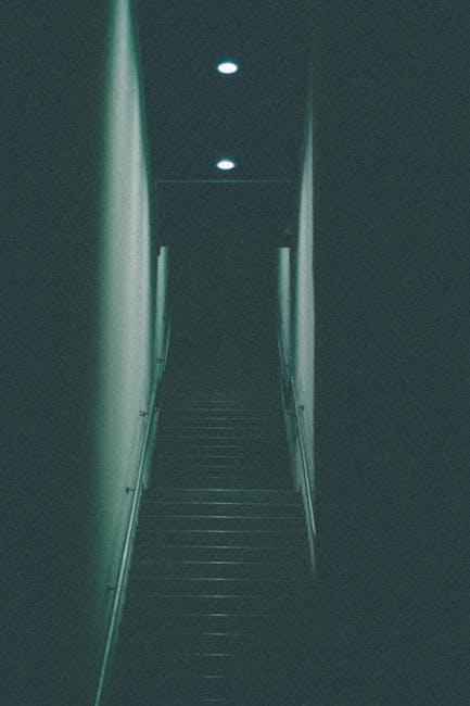 The image shows a narrow staircase inside a residential building, viewed from an open doorway leading from the hallway or exterior. The staircase is constructed of dark wood or similar material, with 